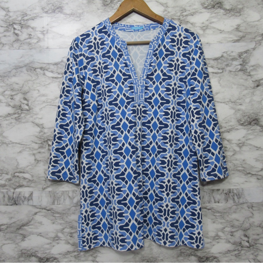 J. McLaughlin Catalina Cloth Blue and White Pattern Tunic Top Size Large